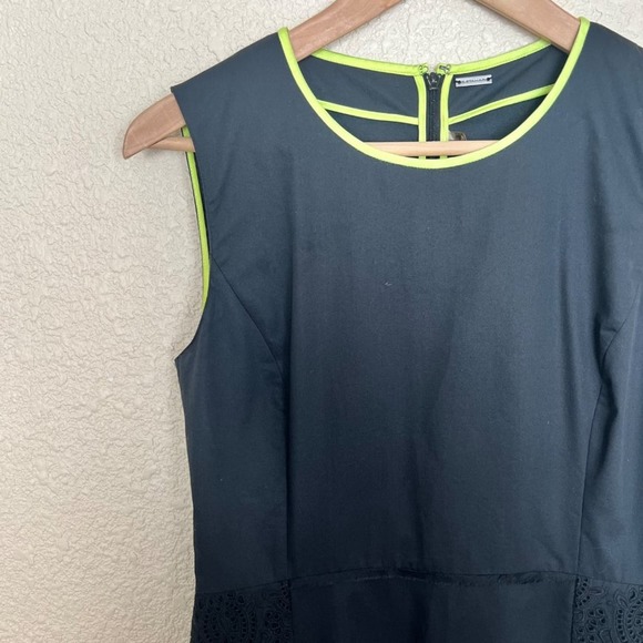 Elie Tahari Peplum Eyelet Dress Womens size 6 Black Neon Yellow Trim Knee Length - Picture 5 of 11